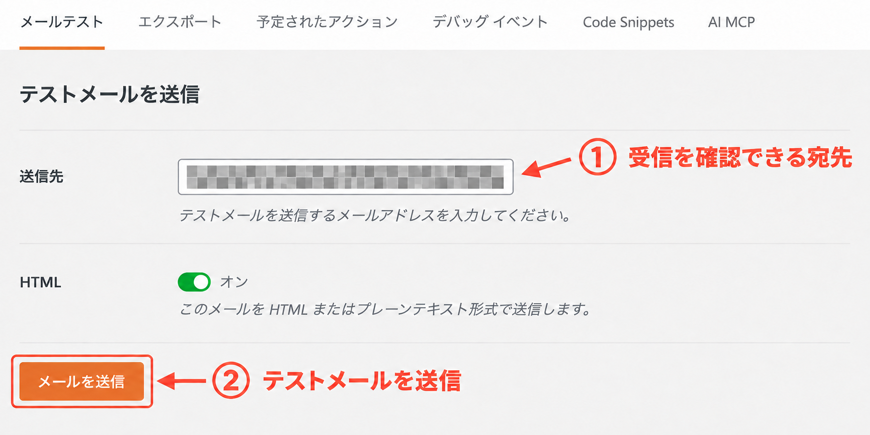 WP Mail SMTPのメールテストで送信先を入力して送る画面