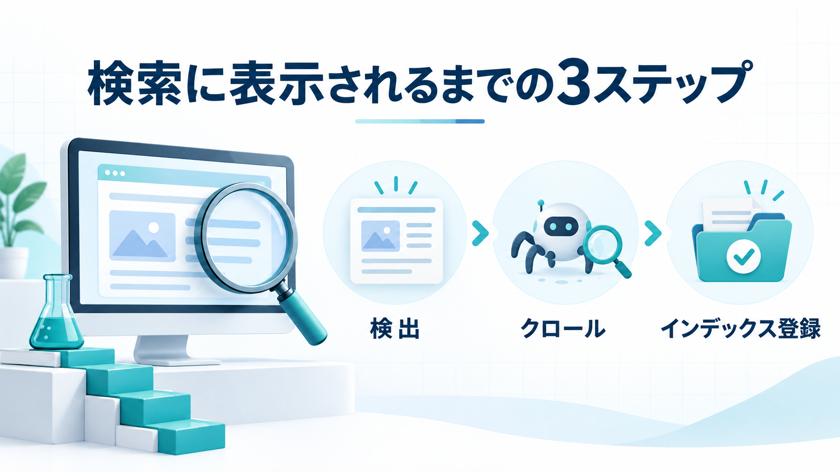 Google検索に表示されるまでの検出・クロール・インデックス登録の3段階を表したイラスト