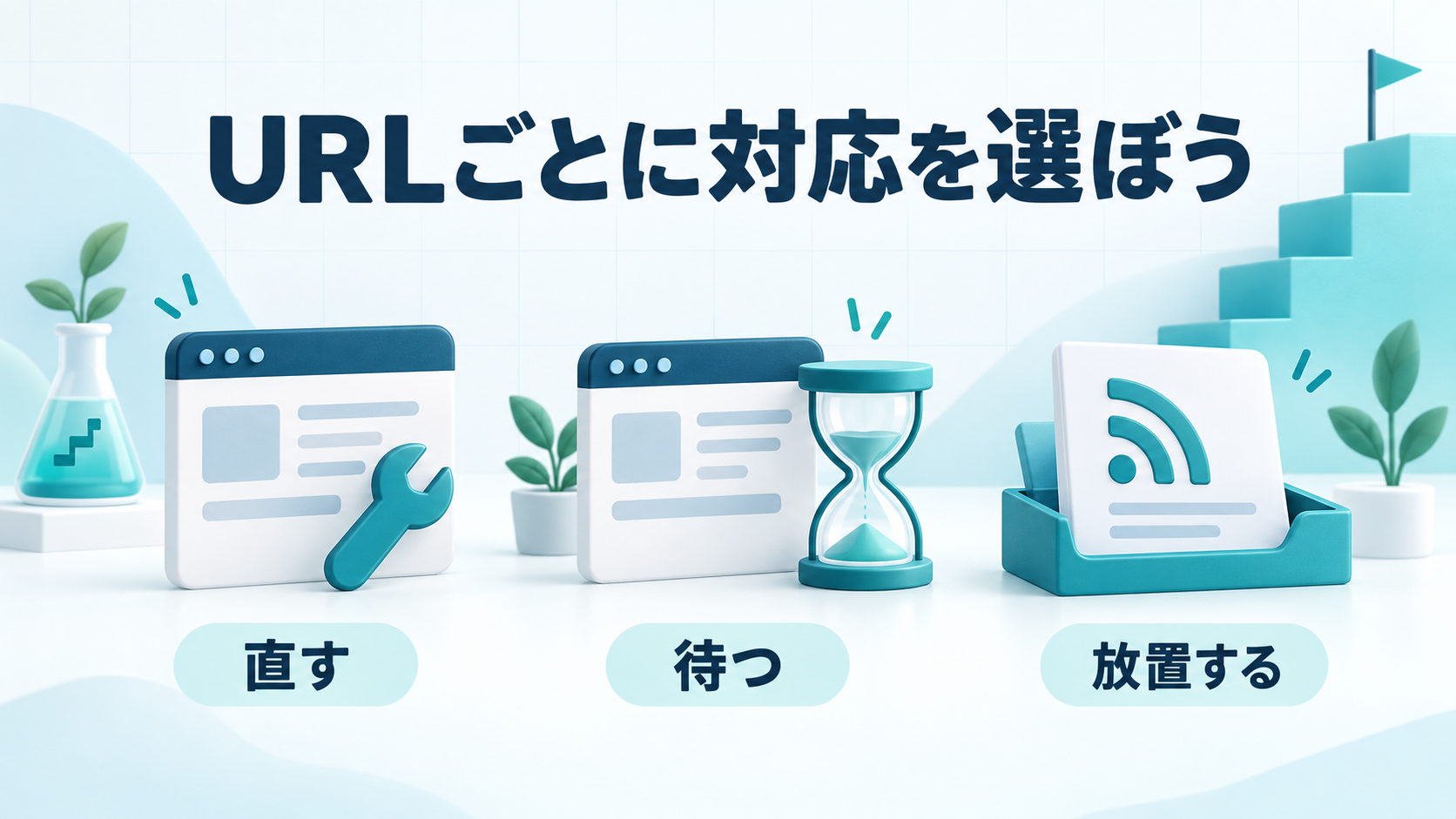 URLの役割に合わせて「直す・待つ・放置する」を選ぶことを表したイラスト