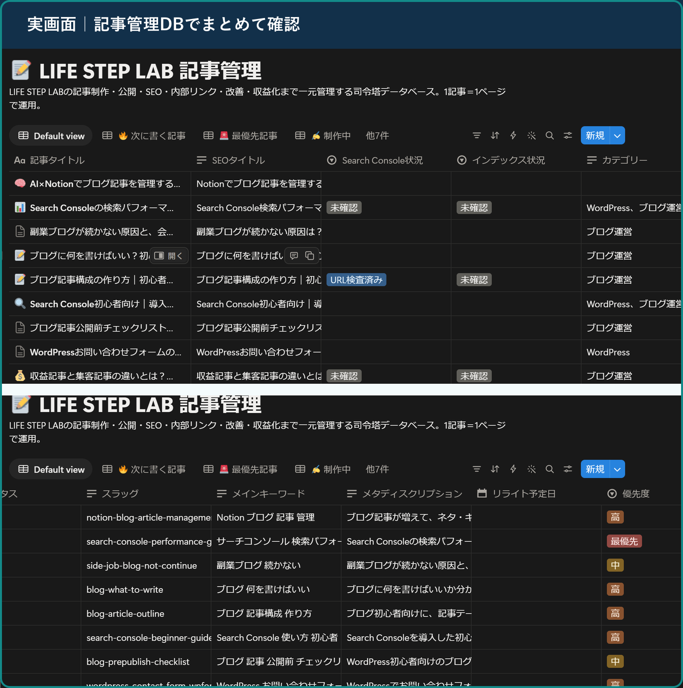LIFE STEP LABのNotion記事管理データベース全体画面