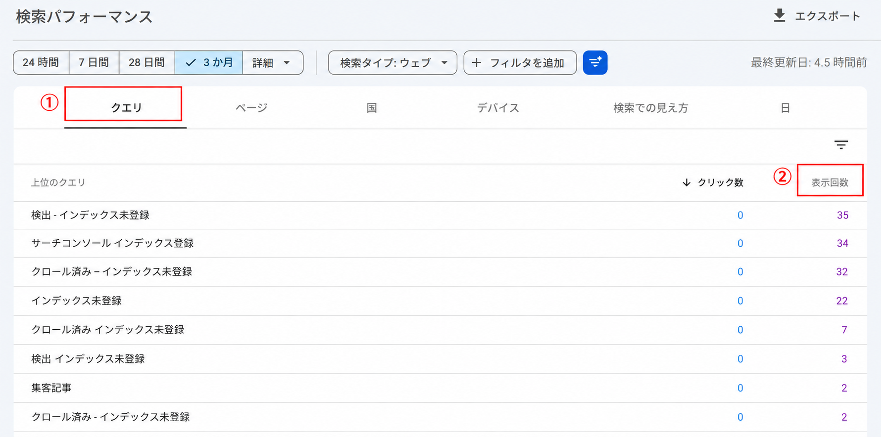 Search Consoleで検索クエリと表示回数を確認する画面