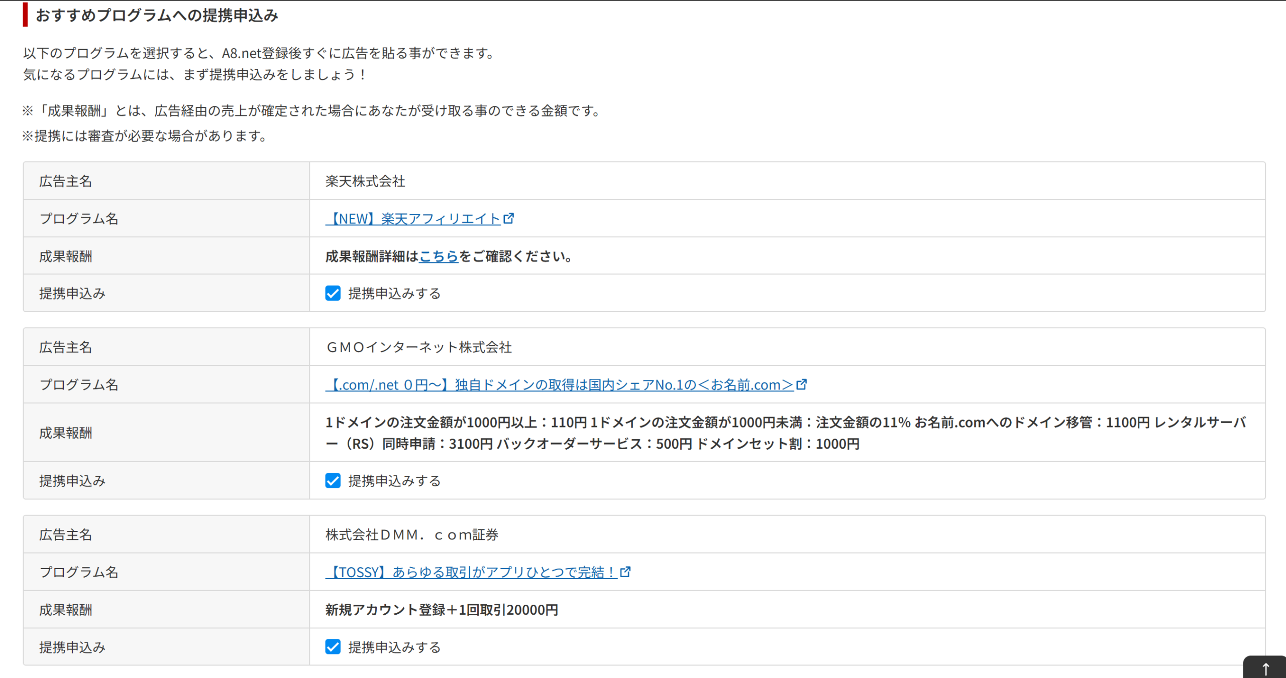 A8.net登録確認画面に表示されたおすすめプログラム